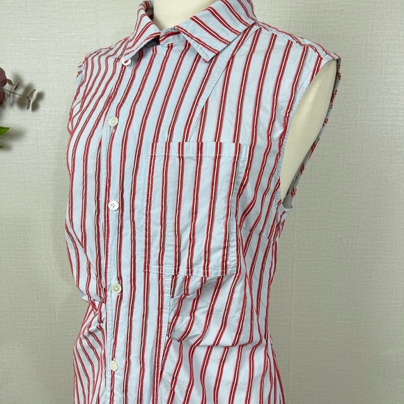 DEREK LAM 10 CROSBY Women’s Blue Red Striped Ruffle Placket  Mini Shirtdress 10 - Picture 10 of 16